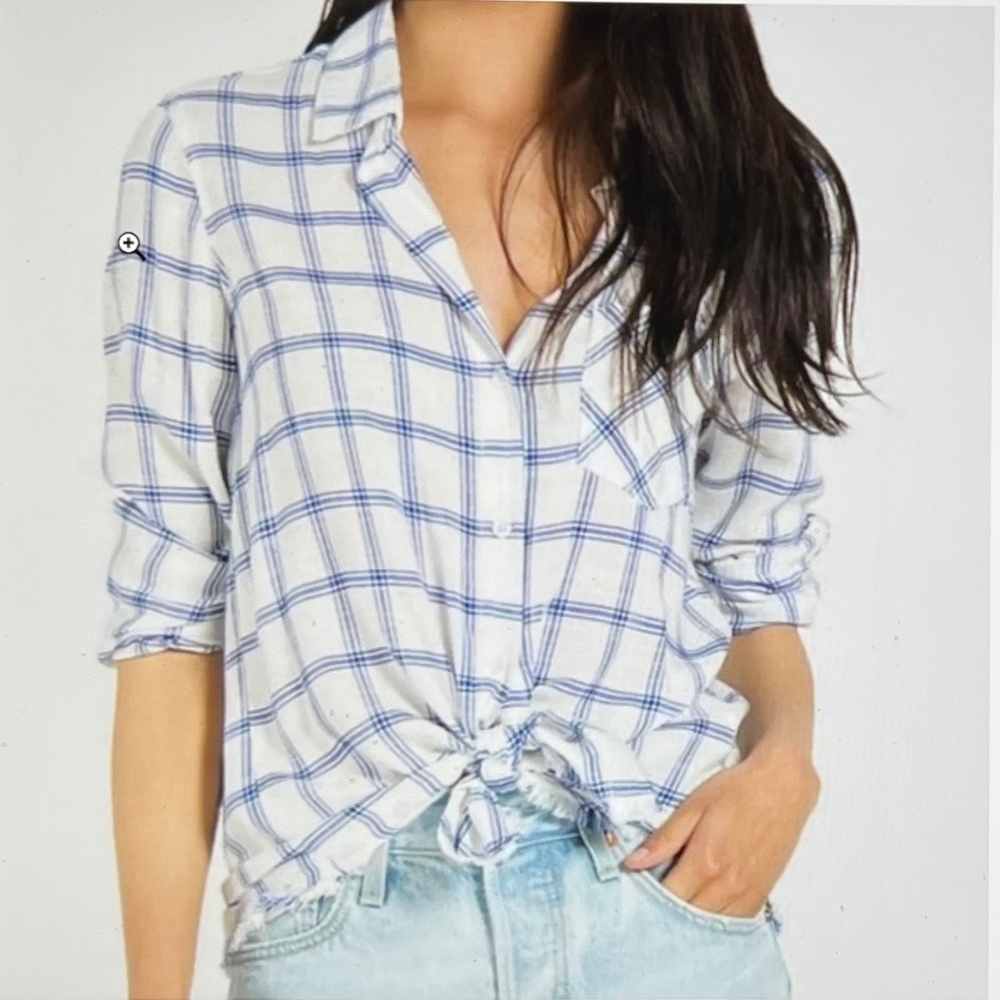 Bella Dahl Button Down Plaid  White/Blue Shirt Frayed bottom Hem Sz M